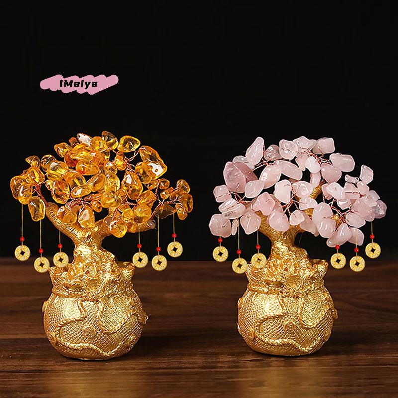 M-New 1PC Lucky Tree Wealth Yellow Crystal Tree Natural Money Tree Ornaments Bonsai Style Wealth Luck Feng Shui Ornaments Craft