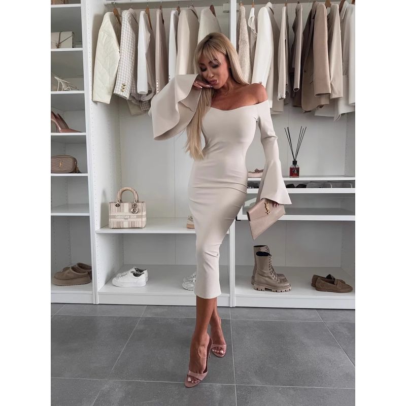 Sexy French style off-Shoulder Spring and Autumn Solid off-Shoulder Collar Slim fit Sheath Bell Sleeve Dress Women
