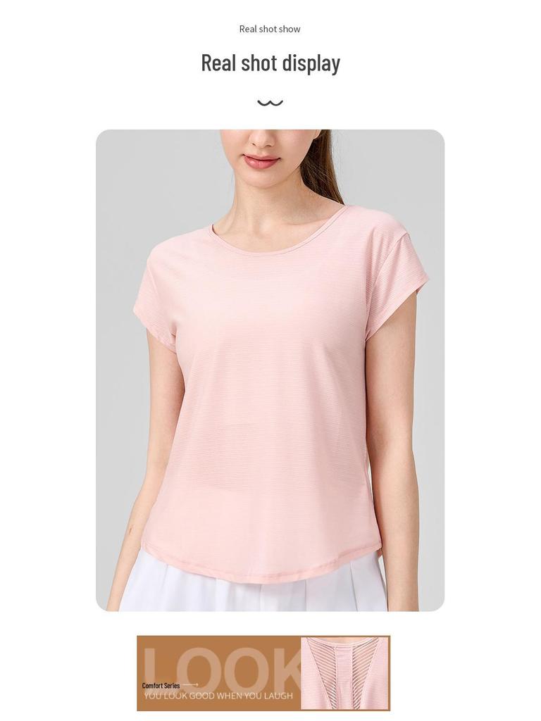 Damen Schnelltrocknendes Schlankmachendes Yoga-T-Shirt: Lockeres, kurzärmeliges Fitness-Überteil