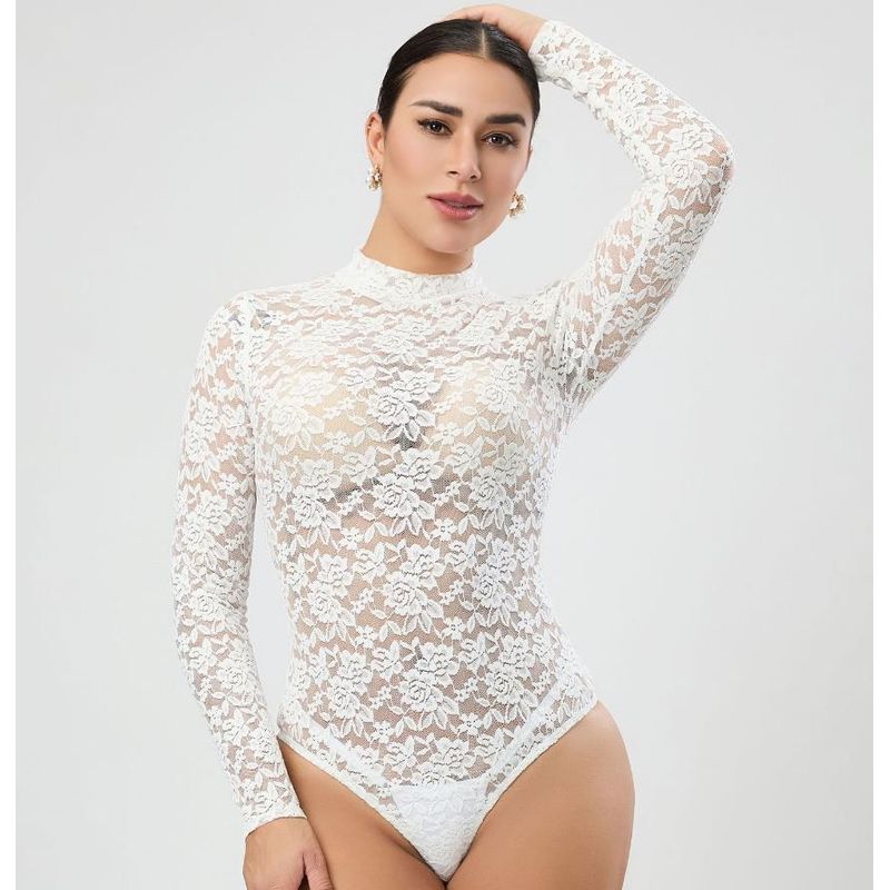 

European and American Sexy Silm See-through Lace Long Sleeves Jumpsuit Shorts Women Lace Bodysuit Jumpsuit White S