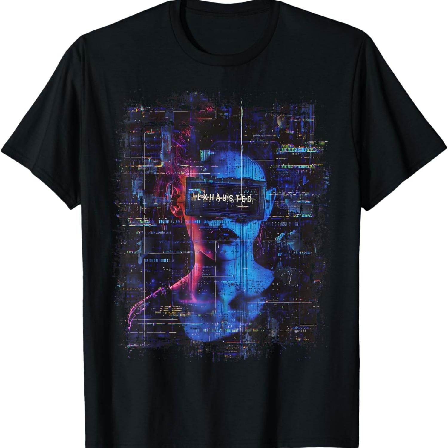 Exhausted Digital Horror Glitchcore Weirdcore Distressed T-Shirt S чёрный