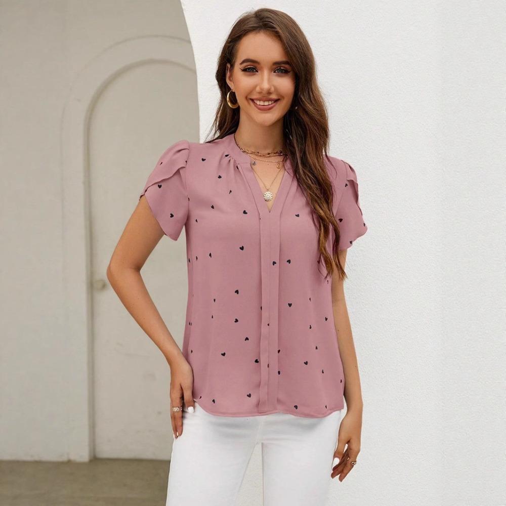 Summer new V-neck love petal pattern women's casual T-shirt top