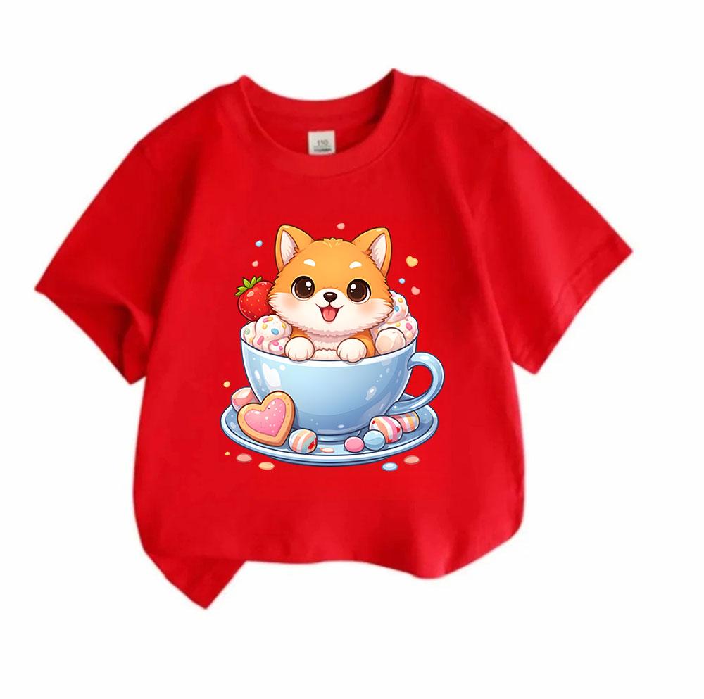 Kids Boys Girls 100% Cotton Crew Neck Short Sleeve T-Shirt Cute Cartoon Shiba Inu in Teacup Sweet Dessert Print Casual Soft Summer Tees for Children