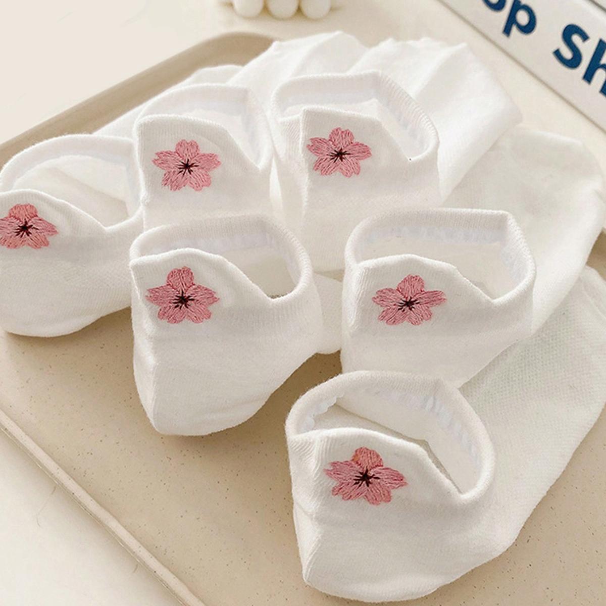 

6 пар белых носков до щиколотки с петельками, вышивкой в виде цветущей сакуры, дышащие, удобные, влагоотводящие One Size