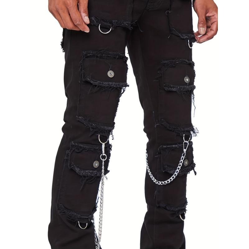 Meeste teksapüksid Sirged Püksid Keskmine Vöökoht Denim Lapitehnika Tõmblukuga Kinnis Tööriistataskud Ühevärvilised Pahkluupikkus Kerge Venivus High Street