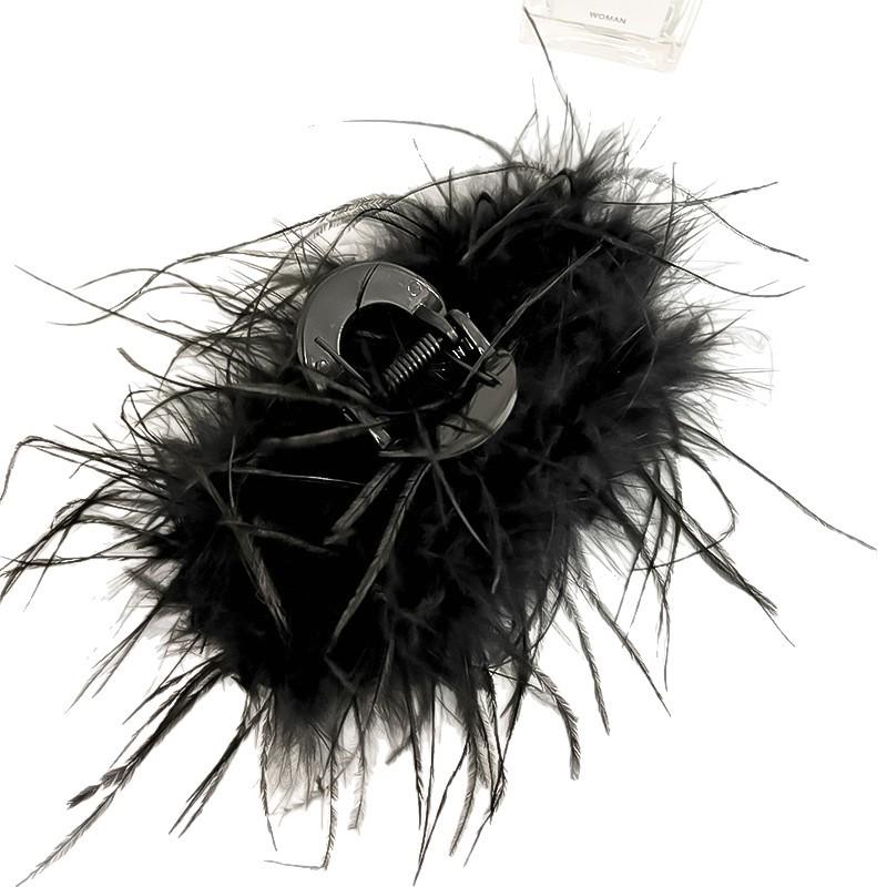Large Retro Black Feather Hair Claw - Exaggerated Stage Styling Accessory