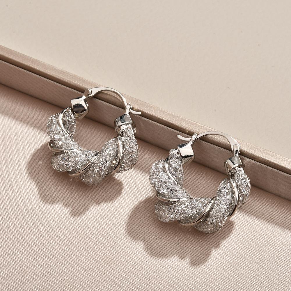 2026 Sparkling Mesh Zircon Twisted Hoop Earrings - Elegant Braided Hollow Ear Buckles for Women High-End Fashion Jewelry