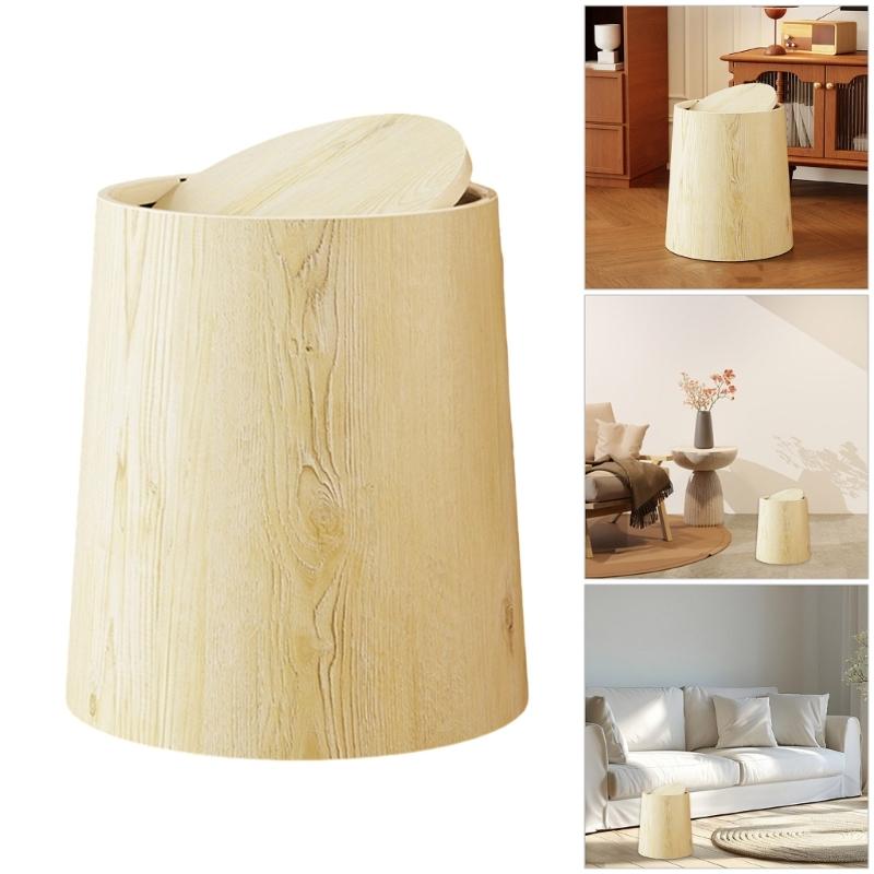 Retro Plastic Wastebasket with Simulation Wood Grains Pattern Flips Top Cover Trash Can For Small Space Office and Bedroom