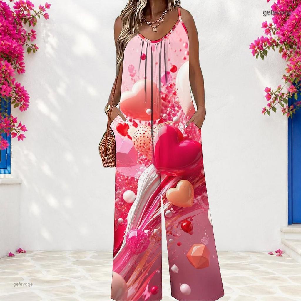 Women Spaghetti Strap Jumpsuit Pink Heart Flower Print Wide Leg Pants With Pockets