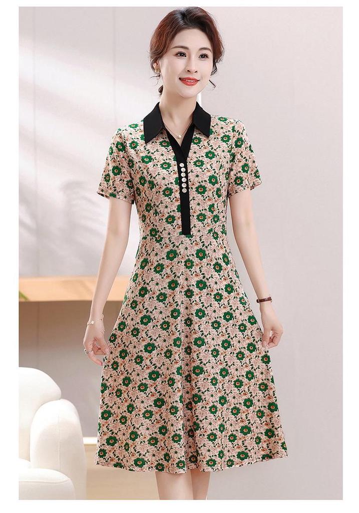 Elegant Summer Lapel Slimming Dress for Middle-aged and Elderly Women