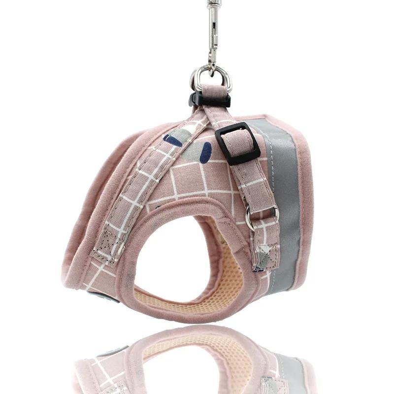 Small Medium Dog Harness Reflective Breathable Chest Strap Plaid Teddy Bichon Pet Clothes Supplies Dog Chain Leash Printed Vest