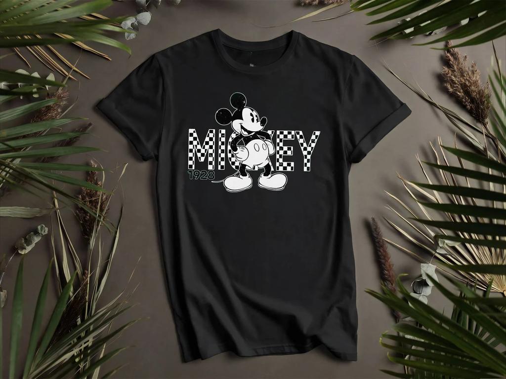 Tshirt Loose And Casual Fit Pure Cotton Streetwear Short Sleeve Mickey Mouse 1928 Checkerboard Pattern Tshirt