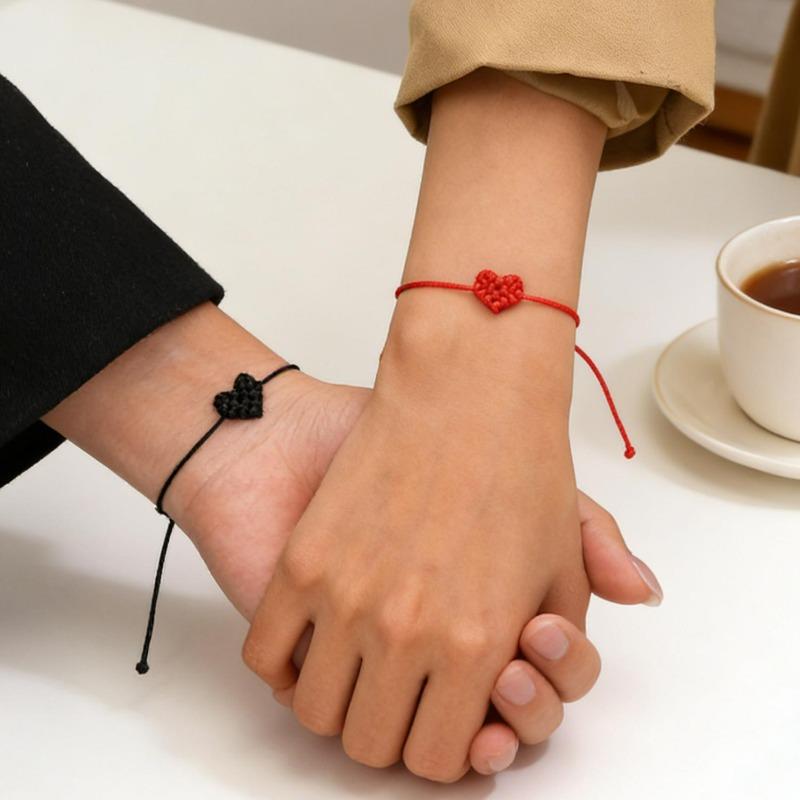 1pair Adjustable Red Rope Heart Bracelet Handmade Woven Heart Shaped Bracelet Jewelry Fashionable Couple's Gifts Bracelet Gifts