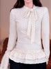 Women's French Polka Dot Bow Tie Long Sleeve T-shirt - Lace Slim Fit Base Layer for Autumn/Winter