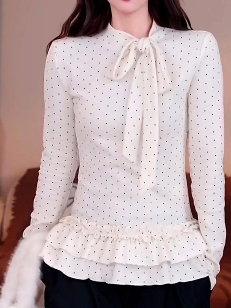 Women's French Polka Dot Bow Tie Long Sleeve T-shirt - Lace Slim Fit Base Layer for Autumn/Winter