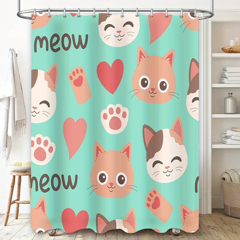 Meow Cat Print Shower Curtain Cute Animal Design for Bath Decor Pink Hearts Paw Prints on Mint Green Fabric