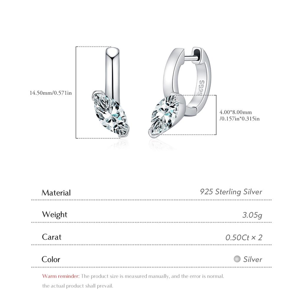 925 Sterling Silver 1CT Marquise Cut Moissanite Ear Buckle Sparkling Neutral Hoop Earrings for Women Fine Jewelry
