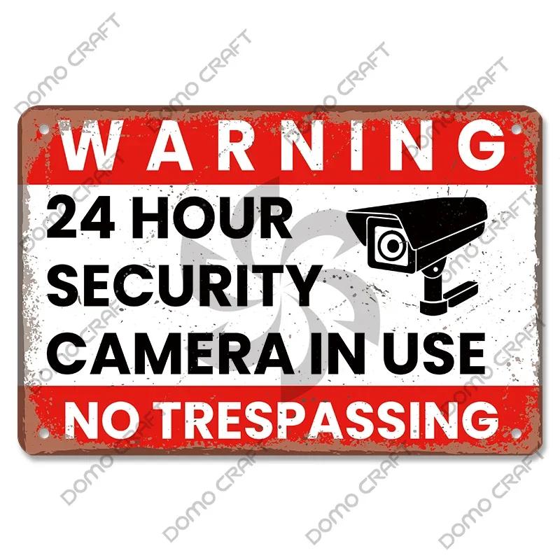 Warning CCTV Tin Signs Metal Plaque Notice  Hour Security Camera Vintage Poster Metal Plate Wall Decor for Mall Shop Bar Home
