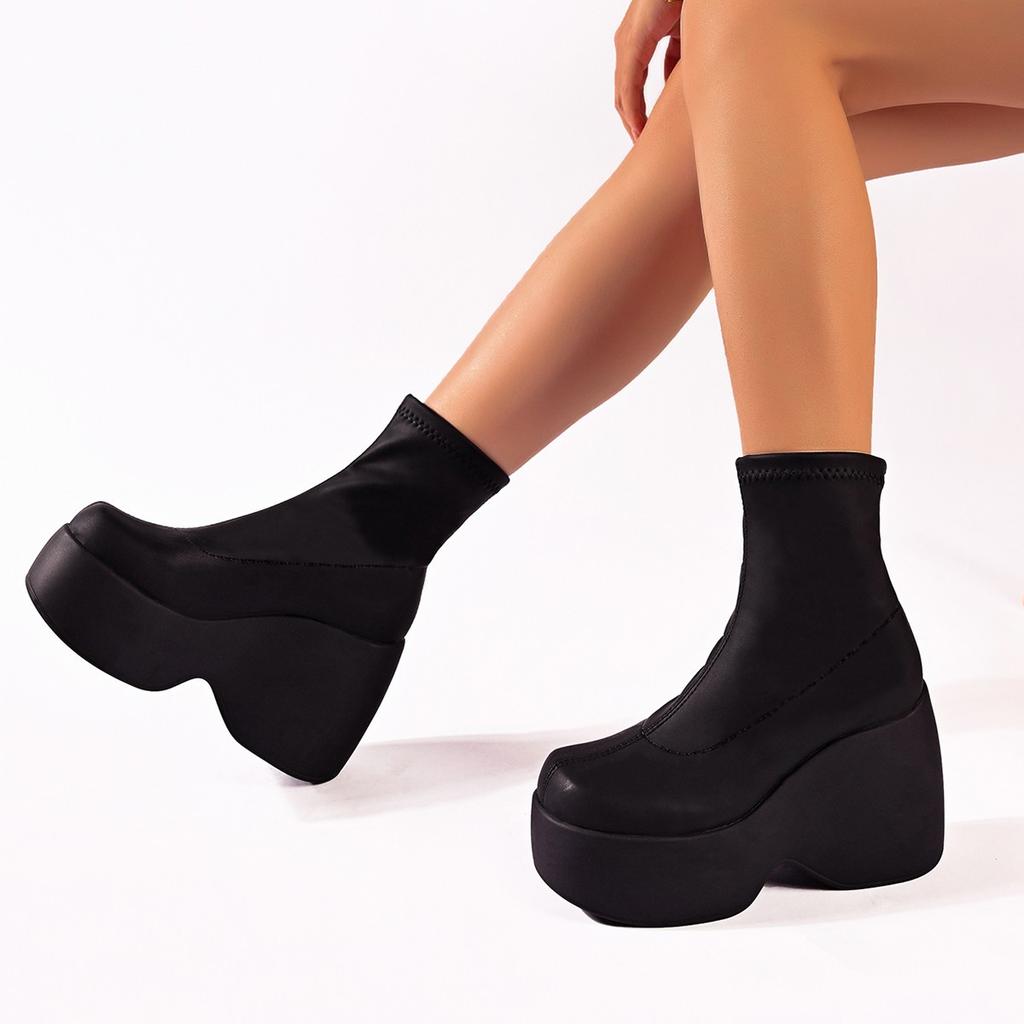 2025 Frühling und Herbst neue Plateau-Muffin-Ferse quadratischer Kopf Trend Lederschuhe elastische Stiefel kurze Stiefel