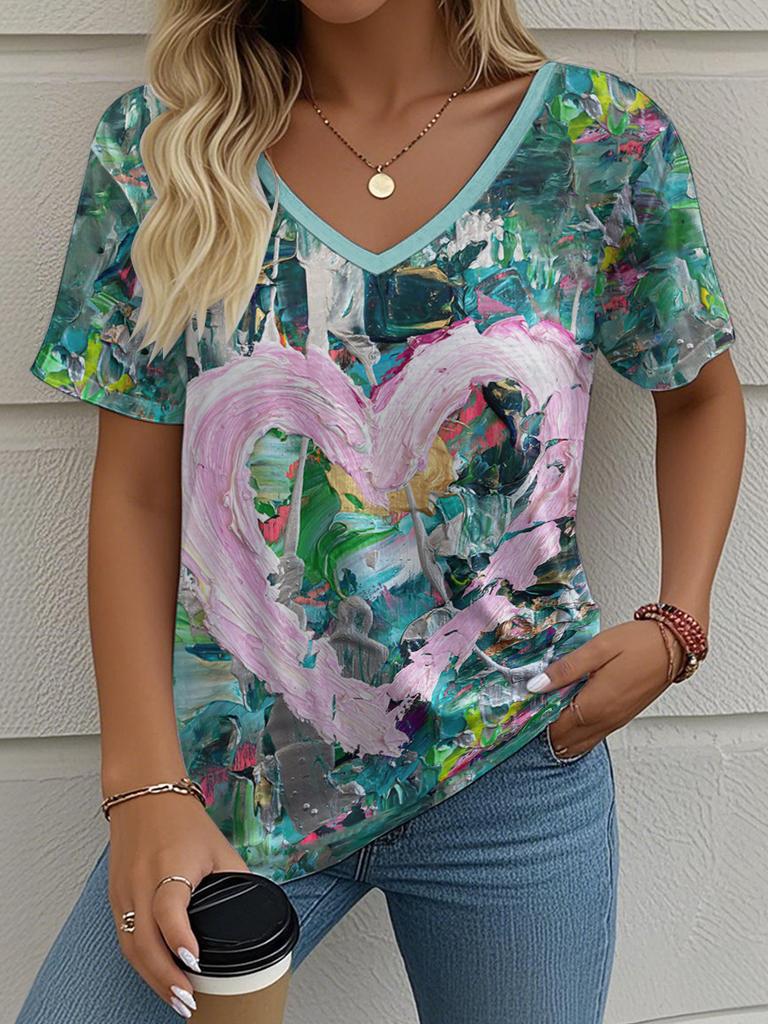 Letní gradientní 3D umělecký květinový potisk grafická halenka dámská s V-výstřihem módní retro oblečení volné oversized tričko