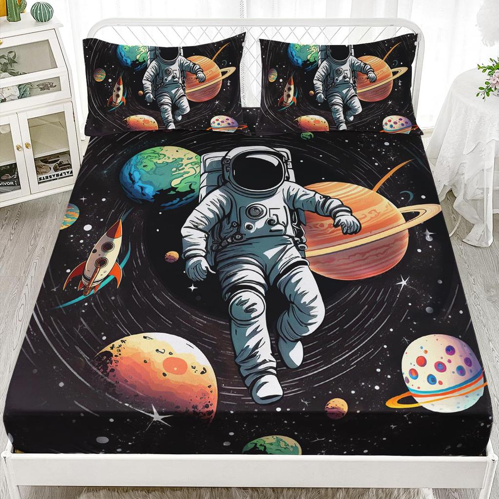 Space Astronaut Pattern Mattress Three-Piece Digital Printing Mattress Bedding Set Adult Children