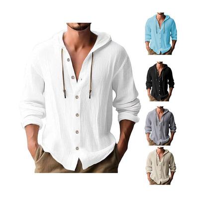 2024 Men's Solid Color Cotton-Linen Hooded Long-Sleeve T-Shirt for Spring & Summer
