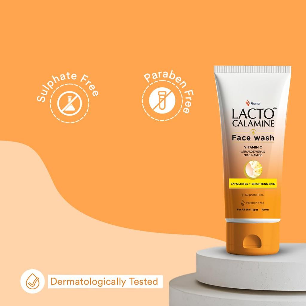 Lacto Calamine Vitamin C Ansiktsvask Pakke med 1 x 100 ml Aloe Vera Niacinamid Eksfolierende Ansiktsvask for Glødende Hud