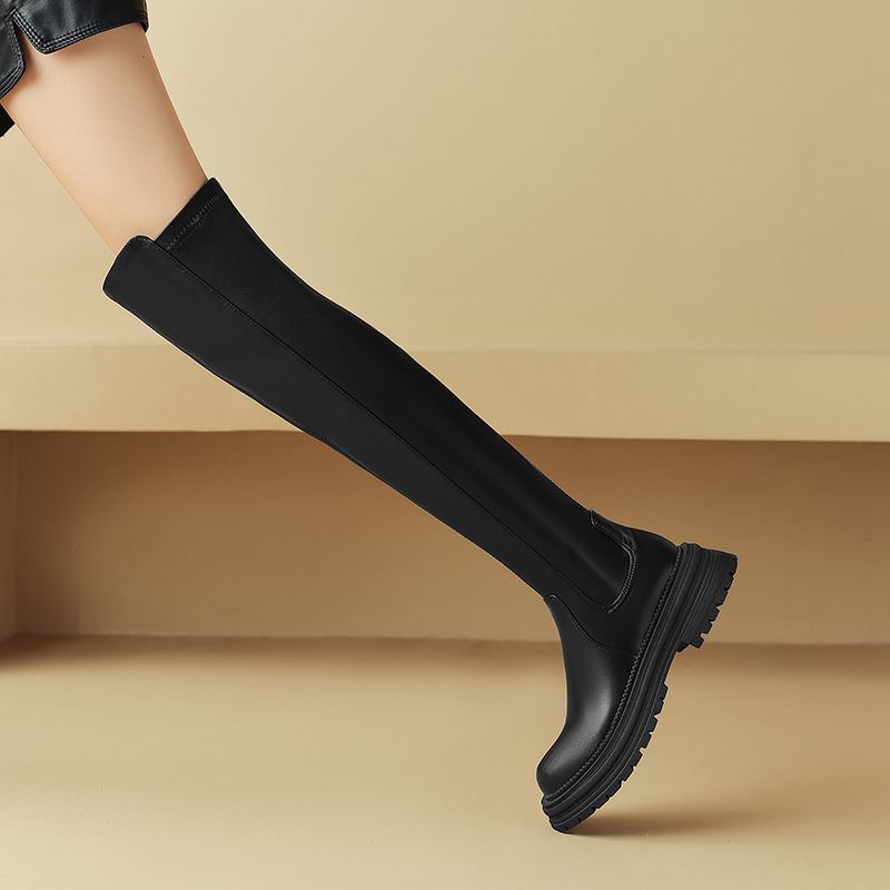 Krazing Pot Microfiber Autumn Winter Shoes Med Heels Flat Platform Size 42 Over-the-knee Boots Slip On Elastic Thigh High Boots