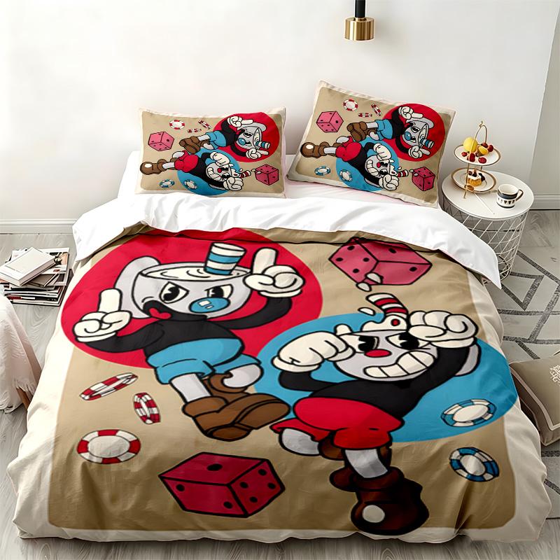 Set 3 pezzi Cuphead Perfetto per la camera da letto Set letto confortevole include una copripiumino e due federe Ideale regalo di compleanno o di Natale