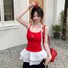 Ballet style O-neck sleeveless T-shirt Summer MODAL COTTON Sexy sling t shirt for Women Lotus leaf Slim Elastic Skinny red Tops
