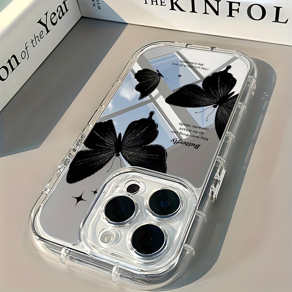 Vintage Black Glitter Butterfly Back Mirror Phone Case For iPhone 17 16 15 Pro Max 14 13 12 11 7 8 Plus X XR XS Air Soft Cover