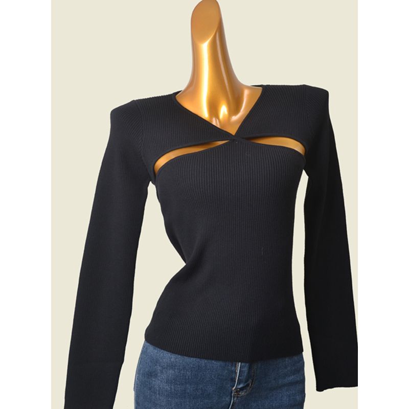 Fashion Style Irregular Hollow-out Knitwear Base Long Sleeves Women's Spring and Summer Sexy Sexy Skinny Slimming Stretch Tops