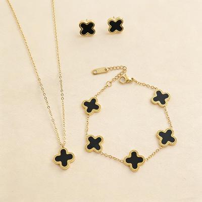 Titanium Steel Four-Leaf Clover Mother-of-Pearl Jewelry Set: Necklace, Bracelet & Earrings - Women's Fashion Simple Luxury Design.