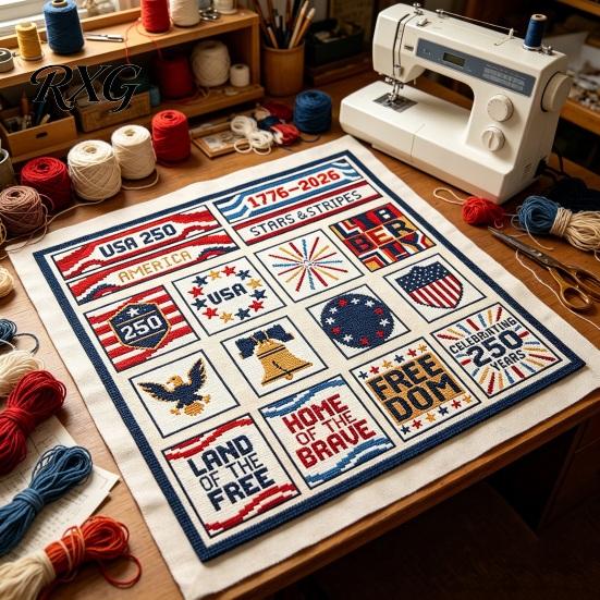 Cotton Embroidery Cloth 250th Anniversary Cross Stitch Kit, Independence Day Theme, Red White Blue Threads Fourth Of July Stitching Set Set, Patriotic