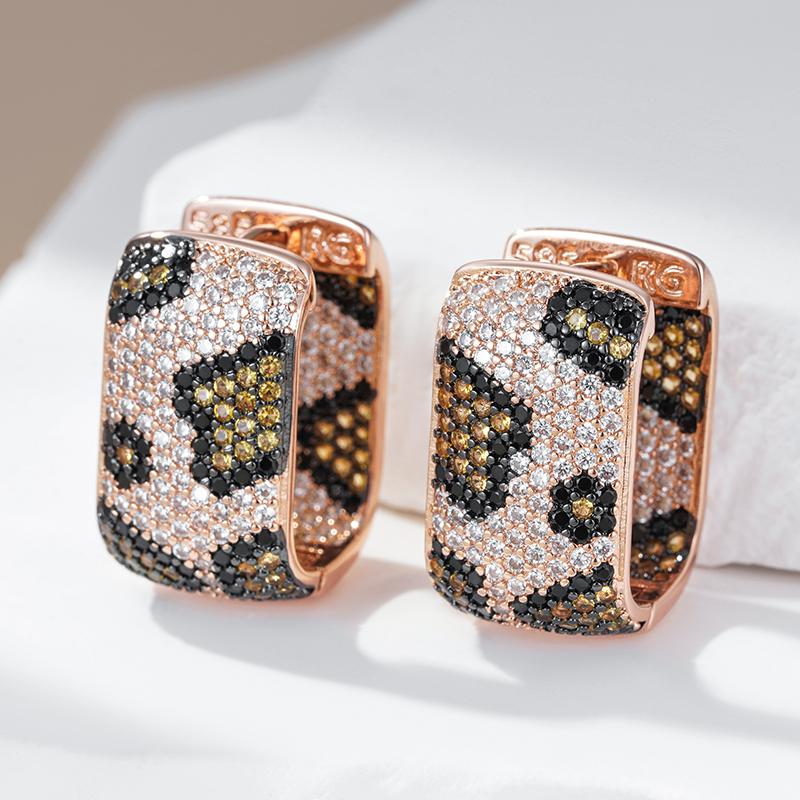 Full Shiny Natural Zircon Leopard Print Hoop Earrings Women Unique Rose Gold And Black Plating Vintage Daily Jewelry