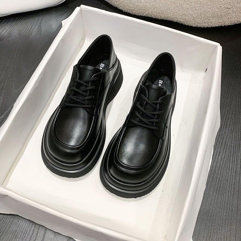 

Женские кожаные туфли на платформе, новые весенне-осенние, студенческие черные одинарные туфли на шнуровке, маленькие кожаные туфли 37 чёрный