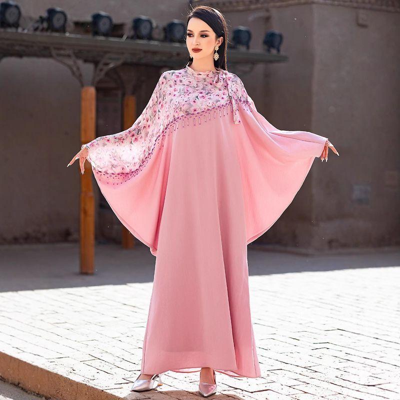 

Elegant Long dress Pink Print Bat with Sleeves Foreign Trade Women clothes Elegant Long Dress Pink One size