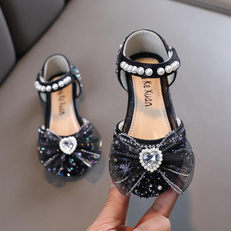 Nuovo stile primaverile fiocco con perle scarpe basse da principessa per bambina, scarpe in pelle, performance di danza