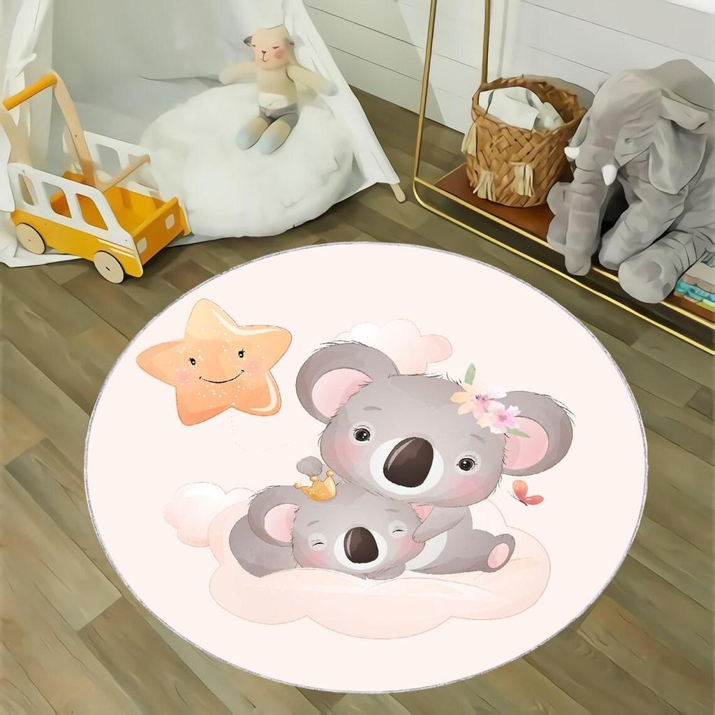 Cartoon Fox Playmat Animal Round Rug Cute Little Koala Round Rug for Kids Room Rug, Nursery Rug, Star Elephant Non Slip Circle Rugs
