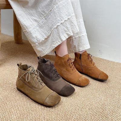Ρετρό γυναικείες φλατ κοντές μπότες Γνήσιο δέρμα Χειροποίητο με στρογγυλά δάχτυλα με κορδόνια