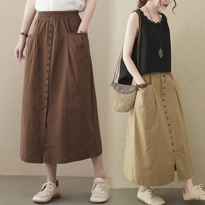 Summer Elastic Waist Loose Casual SkirtOversize Women Solid Midi Skirts Fashion A-line Faldas Saia Work Jupe Kaftan
