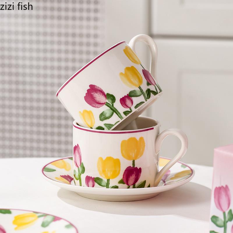 Hand Drawn Tulip Coffee Cup Set Gift Box Ceramic Water Cups Afternoon Tea Cups Breakfast Cup Milk Mug Juice Mug Coffee Mugs