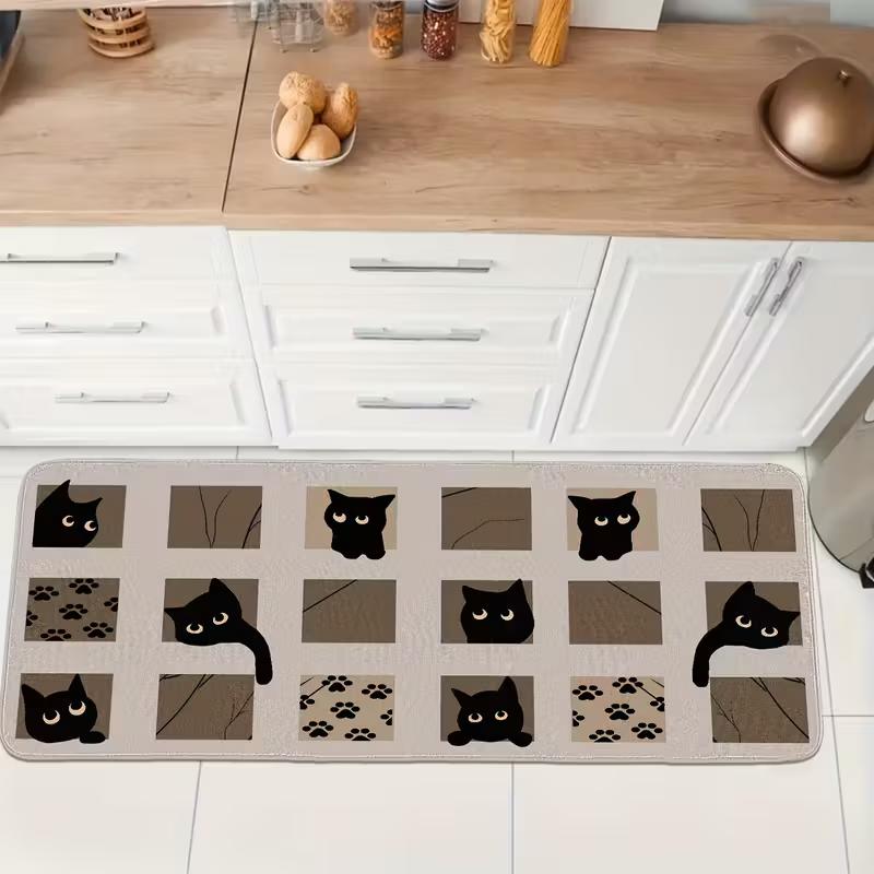 1/2pc Cartoon Cat Check Print Floor Mat, Non-Slip And Dirt-Proof, For Hallway, Kitchen, Bathroom, Home Decoration Carpet