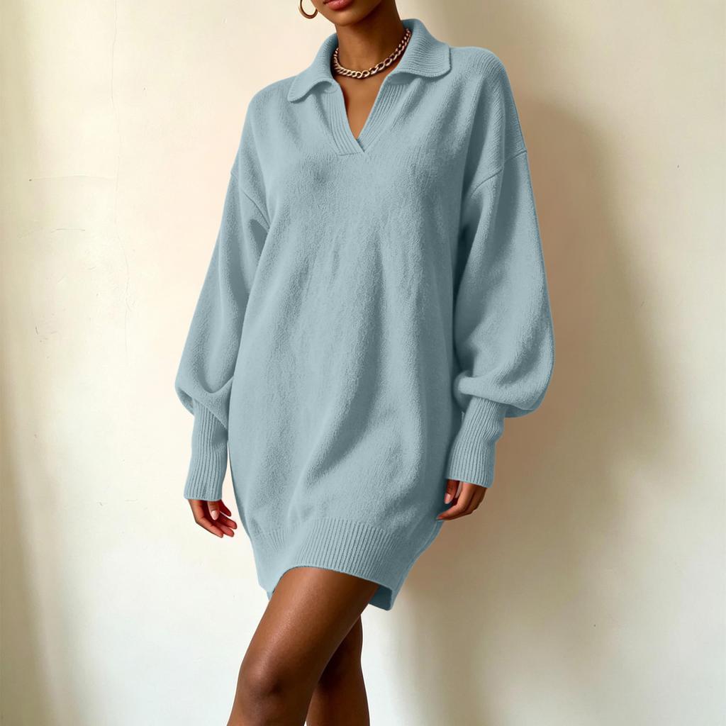 Women's Loose Fit Mid-Length Knit Sweater Dress with Sleeves and Turn-Down Collar