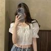 Off Shoulder Lace Up Bow Crop Top Blouse Women Summer Shirring Puff Short Sleeve Female Shirts Sweet Ruffle Tunic Korean Shirt