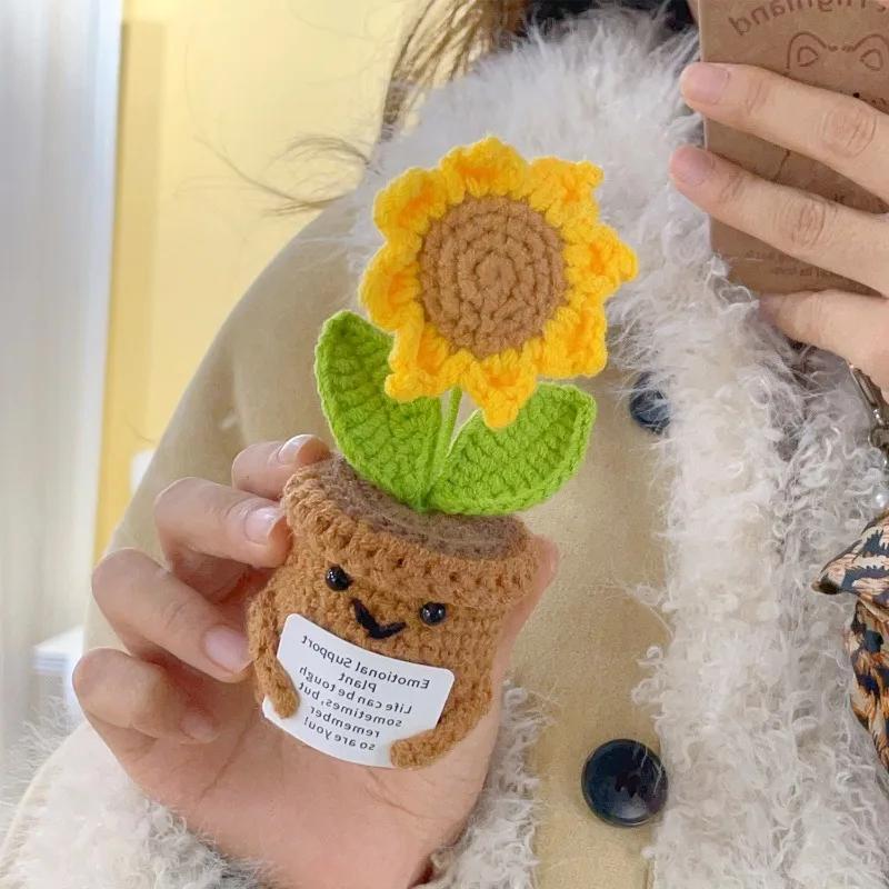 Positive Energy Heart Sunflower Handmade Knitted Emotional Support Crochet Doll Hug Pocket With Positive Card Decoration Gifts
