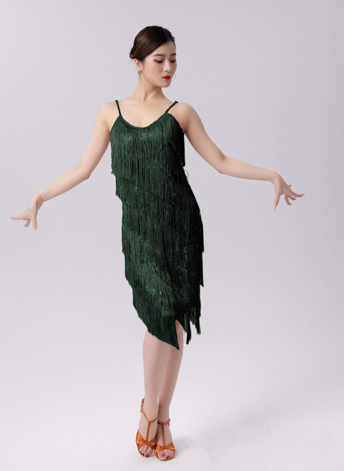 

New Adult Latin Dance Spring Sequins Tassel Dress Dance Dress Party Dress Stage Suit Competition Suit 3XL