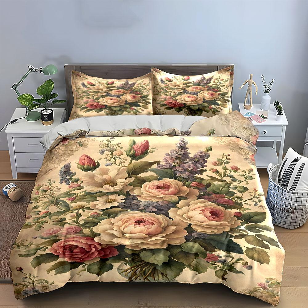 Elegant Floral Design Set: Home Decoration Exquisite Three-Piece Bedding Set Gift For Kids And Adults
