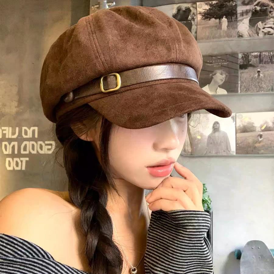 Vintage belt buckle suede beret children autumn and winter maillard style octagonal hat casual face little painter hat
