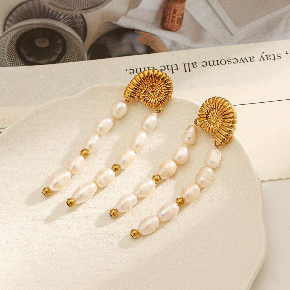 18k Gold-Plated Bohemian Pearl Tassel Earrings - Colorfast Stainless Steel, Retro French Design for Women